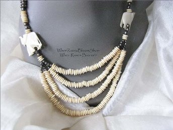 Carved Bead and Silver Elephant Necklace Vintage Statemen Ethnic Safari Africa Boho Minimalist Retro Tribal 60s 70s  WhenRosesBloom