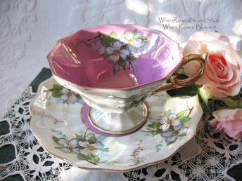 Vintage Footed  Tea Cup Pink Pearl Wild Roses MOP Made Japan Downton TeaTime Gift Cottage Shabby Chic Mid Century Tea Style WhenRosesBloom