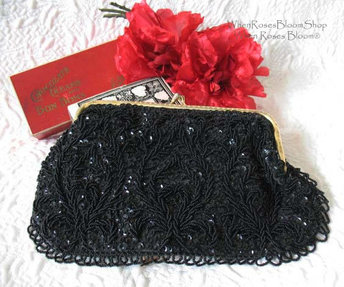 Black Beaded Purse Evening Purse Vintage Mid Century Retro Classic  Glamour Dance Cocktail Party Steampunk WhenRosesBloom