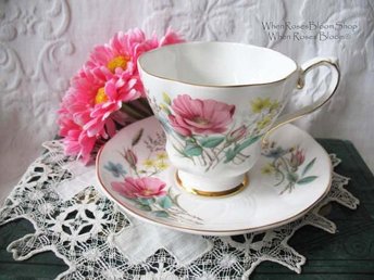 Tea Cup Pink Blue Flower English Bone China Vintage Retro Tea Gift Dainty Mid Century Cottage Farmhouse Shabby Chic WhenRosesBloom
