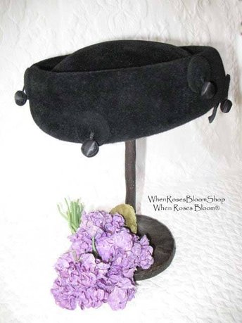 Vintage Hat Black Pill Box Bell Hop Elegant Mid Century 1950s Velvet hat Steampunk Fascinator Kate Middleton Style  Hat  WhenRosesBloom