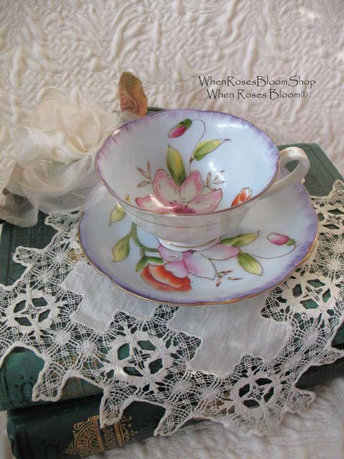 Vintage Tea Cup Blue Floral Footed Japan Downton Tea Cottage Shabby Chic Mid Century Tea Birthday Shower Girlfriend Wife Gift WhenRosesBloom