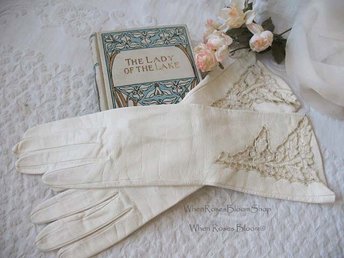 Vintage White Italian Leather Matinee Gloves Retro Wedding Bride Tea NOS Downton Titanic Jane Austen Cosplay Free Ship  US When Roses Bloom