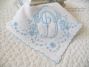 Vintage Madeira Hanky D Initial Monogram Something Old Blue Wedding Keepsake Gift Heirloom Handkerchief Free Ship  US WhenRosesBloom