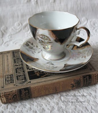 Vintage Tea Cup Footed Black Gold Japan Downton Elegant Steampunk Gentlemen's Tea Retro Man's Woman's Birthday Shower Gift WhenRosesBloom