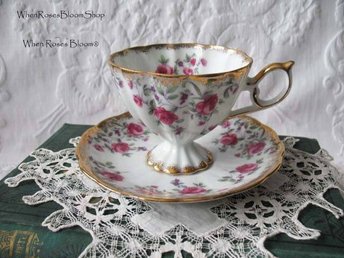 Teacup Footed Pink Chintz Roses Trimont Japan Vintage Elegant Mid Century Tea Gift Victoria Downton Tea Cottage Shabby Chic WhenRosesBloom