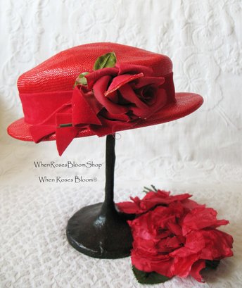 Vintage Hat Red Straw Rose Quaint Style Classic Topper Sailor Tailored Elegant Tea Cosplay Hat Downton Abbey Style  WhenRosesBloom