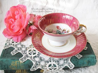Tea Cup Pink Red Floral Roses Footed Japan Vintage Retro Tea Time Gift Mid Century Shabby Chic Afternoon Tea Party  WhenRosesBloom
