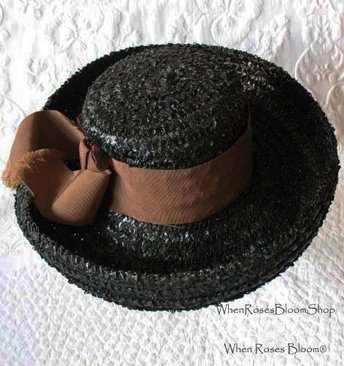 Vintage Black Hat Summer Straw Mid Century Retro Party Tea Party Garden Party That Girl  60s Style Retro English Breton WhenRosesBloom