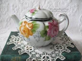 Vintage Tea Pot Nippon China Japan Pink & Yellow Roses Retro  Tea Gift  Farmhouse Cottage Shabby Chic Downton Classic Tea WhenRosesBloom