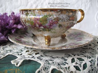 Vintage Footed Tea Cup Violets Japan Mid Century Retro Dainty Tea Time Gift Victoria Downton Tea Elegant Farm Shabby Chic  WhenRosesBloom