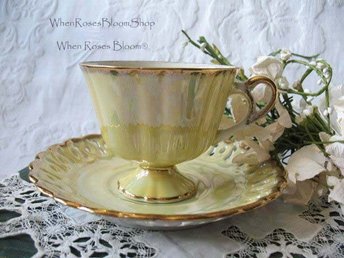 Vintage Teacup Yellow Mid Century Footed  Japan Lusterware MOP TeaTime Gift Victoria Downton Abbey Tea Cottage Shabby Chic WhenRosesBloom