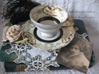 Vintage Tea Cup Footed Black Gold Japan Royal Sealy Downton Elegant Steampunk Cosplay Gentlemens  Tea Birthday Shower Gift WhenRosesBloom