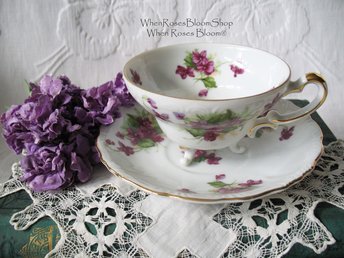 Vintage Footed Tea Cup Violets Japan Lefton Mid Century Retro Tea Time Birthday Gift Cottage Farmhouse Shabby Chic Style WhenRosesBloom