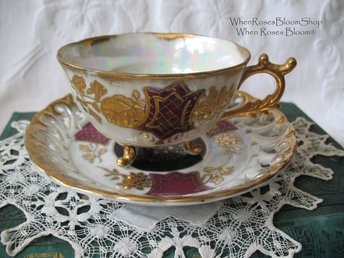Vintage Footed Tea Cup Rose Pink Gold Floral Japan Tea Gift Cottage Farmhouse Style Elegant Shabby Chic Mid Century Tea Style WhenRosesBloom