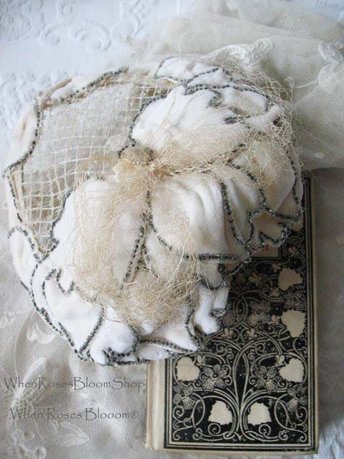 Vintage Hat 1920s Wedding  Bridal Headpiece Tea Wedding Veil Eggshell Toque White/ Silver Beads Flapper  Gatsby Art Deco WhenRosesBloom