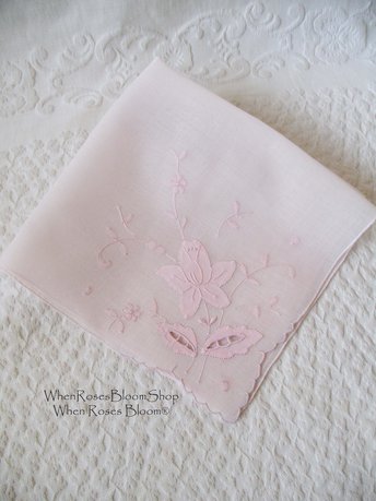 Vintage Pink Hanky Madeira Floral Wedding Keepsake Remembrance Heirloom Embroidery Applique Linen Free Ship  US  WhenRosesBloom