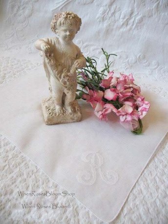 Vintage Hanky White  R Initial Monogram Wedding Keepsake Birthday Gift Remembrance Heirloom Handkerchief Free Ship  US  WhenRosesBloom