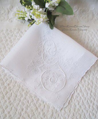 Vintage White Hanky G Initial Monogram Madeira Embroidery Wedding Keepsake Remembrance Heirloom  Handkerchief  Free Ship  US  WhenRosesBloom