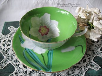 Vintage Footed Tea Cup Green White Floral Lily Japan Mid Century Modern Retro Tea Time Shabby Chic Cottage Farmhouse Tea Gift WhenRosesBloom