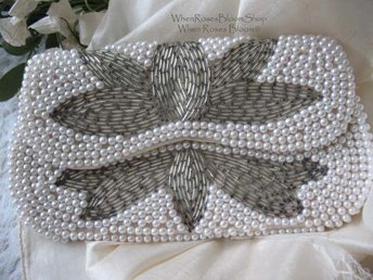 Vintage White Beaded Purse Evening Bag Mid Century Retro Classic Glamour Wedding Dance Cocktail Party Clutch Purse  WhenRosesBloom
