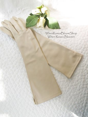 Vintage Gloves Beige Vegan Fabric Sz 6 1/2 Matinee Length Elegant Classic Mid Century Mod  Cocktail Party Style  Free Ship US WhenRosesBloom