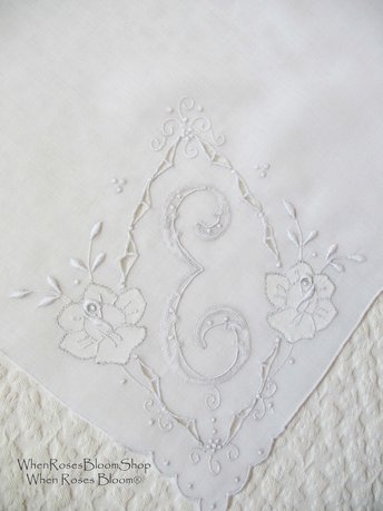Vintage White Hanky E Initial Monogram Wedding Keepsake Remembrance Heirloom Madeira Embroidery handkerchief   Free Ship  US  WhenRosesBloom