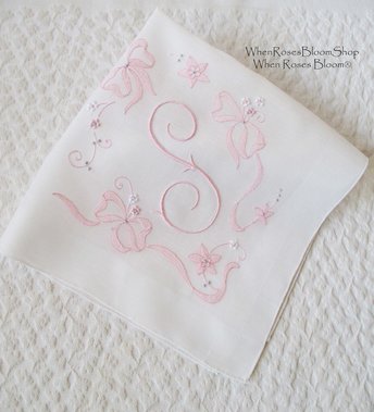 Vintage Hanky S Initial Monogram Pink Wedding Keepsake Remembrance Heirloom Madeira Embroidery Handkerchief Free Ship  US  WhenRosesBloom
