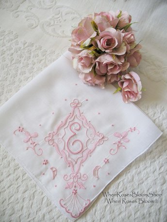 Vintage Madeira Hanky E Initial Monogram Pink Embroidery Wedding Keepsake Gift Handkerchief Remembrance Heirloom FREE SHIP US WhenRosesBloom