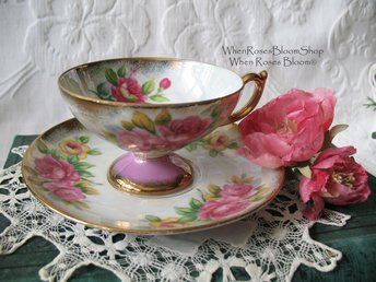 Vintage Footed Tea Cup Pink Roses Made Japan Mid Century Retro Elegant Tea Gift Victoria Downtown Tea Cottage Shabby Chic WhenRosesBloom