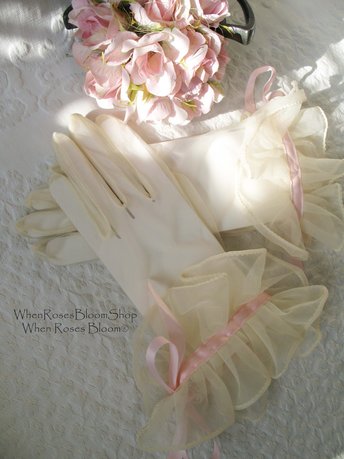 Vintage Gloves Sheer White Ruffles Pink Retro Mid Century Wedding Tea Dance Party NOS Mid Century Cosplay  Free Ship  US When Roses Bloom