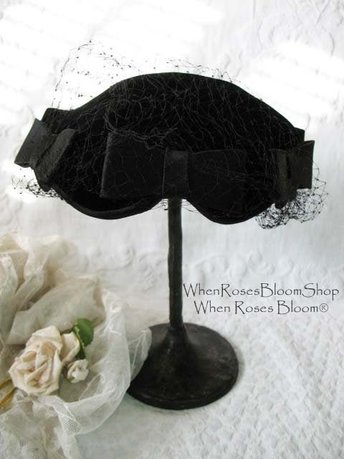 Vintage Black Hat with bows  Harzfeld's 1950s Elegant  Juliet Cap Mid Century Tea Party Hollywood Glamour Steampunk WhenRosesBloom