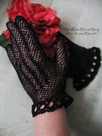 Vintage Black Crochet Lace Gloves Tea Party Elegant Steampunk Goth Victoria Downton Miss Fisher Cosplay  FREE SHIP US When Roses Bloom