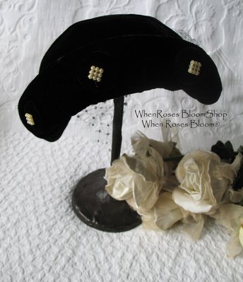 Black Velvet Hat 1950's Vintage Miss Fisher Downton Abbey Cosplay Mid Century Royal Style WhenRosesBloom