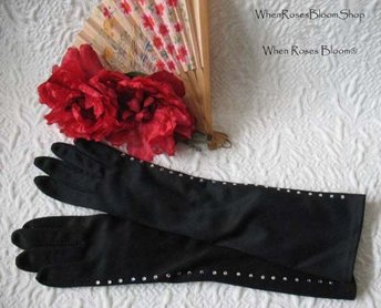 Black Gloves Sz 7.5 Rhinestone Elegant Vintage Hollywood Glamour Mid Century Cocktail Party Lady Mary Downton Marilyn Monroe WhenRosesBloom