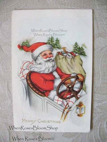 Vintage Santa Driving Car Whitney Made Postcard 1918 toys gift Paper Ephemera Christmas Muscatine Iowa Scrapbook Art WhenRosesBloom