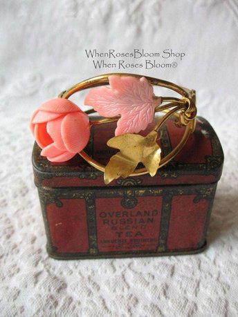 Vintage Bracelet Mid Century Floral Jewelry Bangle Peach Pink  Rose Gold Tone Metal & Plastic Classic Romantic Rose Floral  WhenRosesBloom