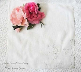 Vintage White Hanky Madeira Floral Wedding Keepsake Remembrance Heirloom Floral Embroidery  Applique  Linen Free Ship  US  WhenRosesBloom