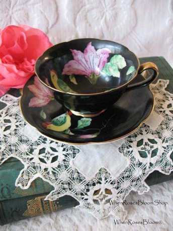 Vintage Tea Cup Black Pink Floral Bird Occupied Japan Mid Century Tea Gift Steampunk Victorian Downton Cottage Shabby Chic WhenRosesBloom
