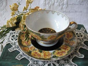 Vintage Teacup Footed Yellow Roses Black Gold Japan Mid Century TeaTime Gift Downton Abbey Tea Farmhouse Cottage Shabby Chic WhenRosesBloom
