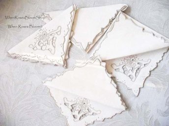Vintage Madeira Napkins Set/4 Cutwork Embroidery Heirloom Linens NOS new old stock elegant tea napkins Shabby Chic Cottage  When Roses Bloom