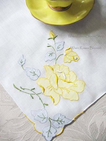 Vintage Hanky Yellow Rose Wedding Madeira Keepsake Remembrance Antique Linen Heirloom Needlework Hankerchief  Free Ship  US  WhenRosesBloom