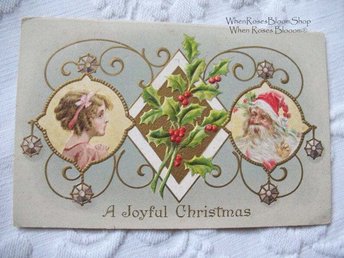 Vintage Santa Claus Postcard Little Girl Holly Ornaments Christmas Embossed 1900s Victorian Edwardian Holiday Free Ship US WhenRosesBloom