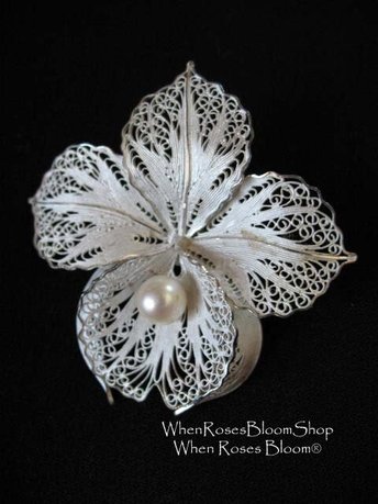 Vintage Floral Pin Brooch Silver Pearl Mid Century Jewelry Lapel Dress Pin Hat Pin Evening Wear Jewelry WhenRosesBloom