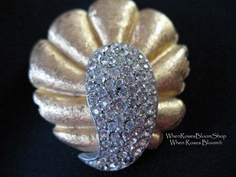 Rhinestone Brooch Costume Jewelry Gold Tone Pin mark BSK Vintage mid century 1950s Retro Style Lapel Dress Pin When Roses Bloom