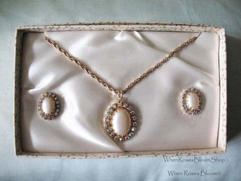 Vintage Rhinestone Necklace Earrings Pearl Gold Tone 1950s Mid Century Wedding Retro Jewelry Downton Abbey J Austen Cosplay WhenRosesBloom