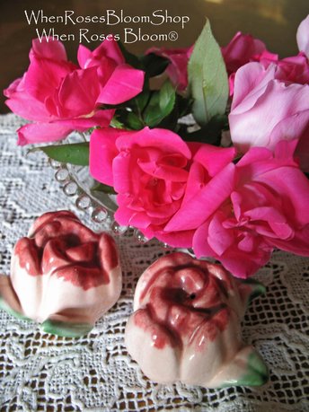 Vintage California Pottery Rose Salt Pepper Sylvans Shabby Chic Cottage Farmhouse Romantic Retro Mid Century Urban Style WhenRosesBloom
