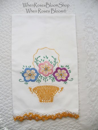 Pillowcase Tatted Lace Edge Flower Basket Heirloom New Old Shabby Chic Farmhouse Cottage Style Free Shipping in US WhenRosesBloom