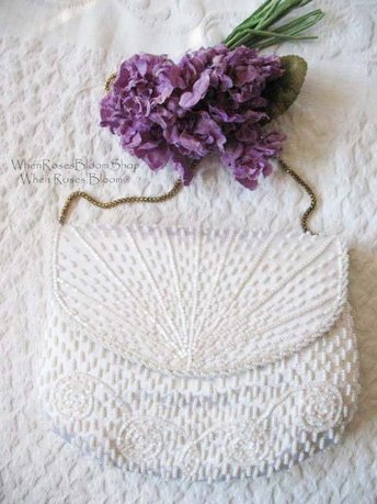 White Beaded Purse Vintage  Mid Century Retro Evening Purse Wedding Classic Dance Cocktail Party 20s Gatsby Cosplay Style NOS WhenRosesBloom