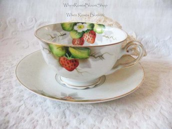 Vintage Footed Tea Cup Occupied Japan  Strawberries Mid Century TeaTime Gift  Victoria Downton Farmhouse Cottage Shabby Chic WhenRosesBloom
